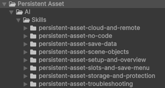 The AI Skills folder in the Project window, one folder per skill