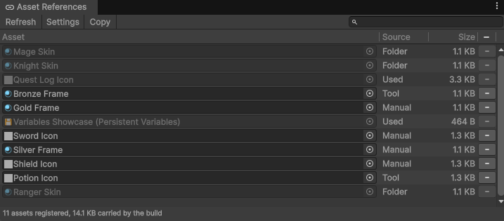 The Asset References window listing the registered assets