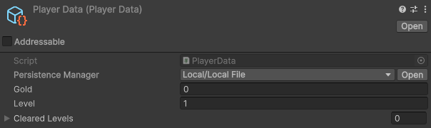 A PlayerData asset in the inspector, its manager dropdown above its fields