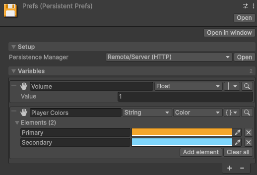The Prefs asset in the inspector, listing the values saved so far