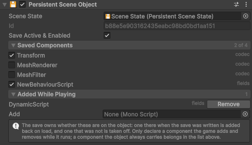 The Persistent Scene Object component with several components ticked
