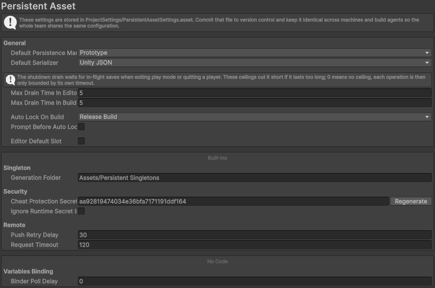 The Persistent Asset settings page