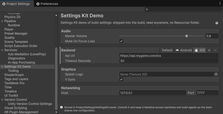 The demo page under Project Settings